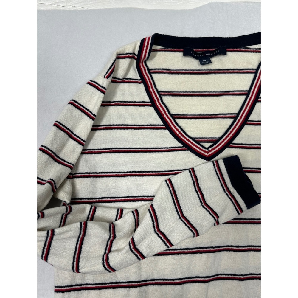 Tommy Hilfiger Striped V-Neck Sweater Cream Red Navy Nautical Small